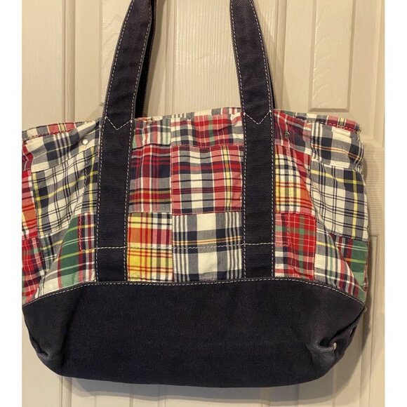 J Crew Small Patchwork Tote Bag Blue Canvas Multicolor Cotton Size 14 x 10 x 4 - Picture 3 of 9